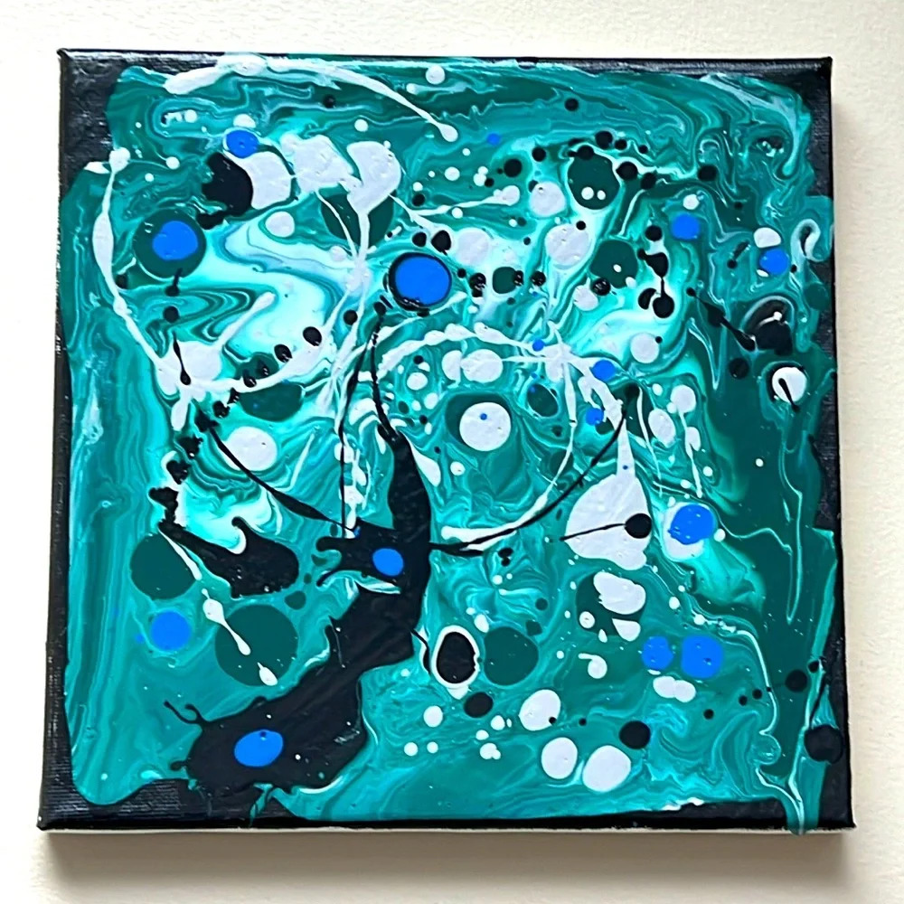 Original Paint Pour Art - 8x8 wrapped canvas with greens, blue, silver & white